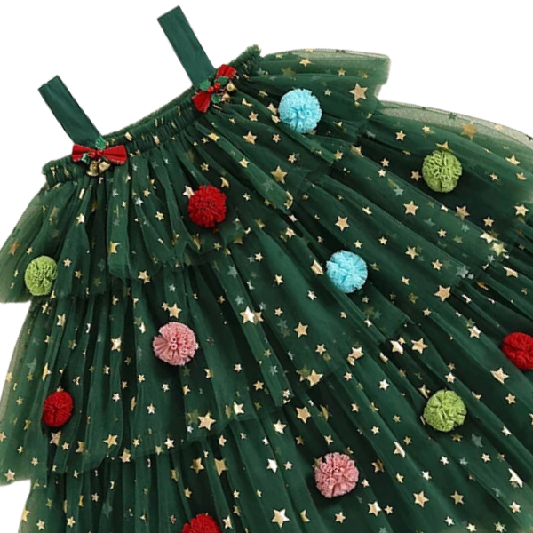 Girls Tulle Christmas Dress with Pom-Poms