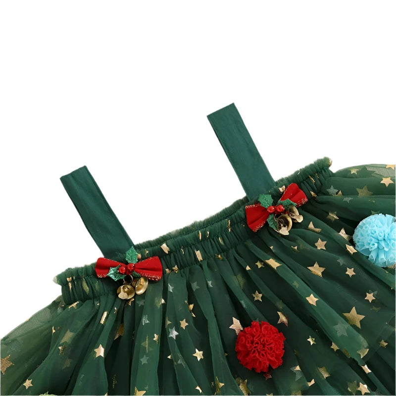 Girls Tulle Christmas Dress with Pom-Poms